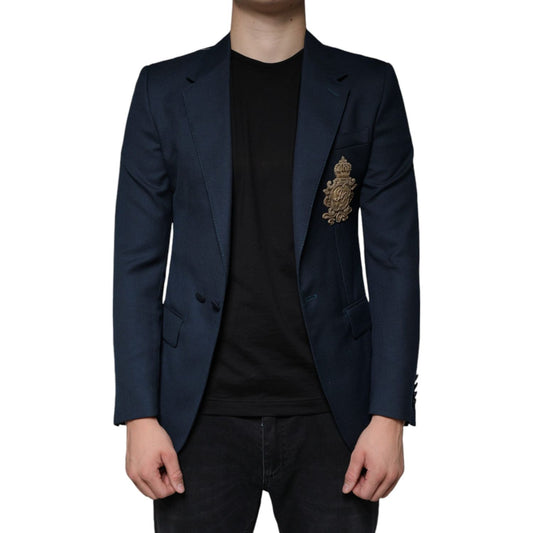 Dolce & Gabbana Blue Wool Logo Single Breasted Coat Blazer JKT4074-44