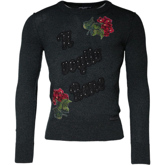 Dolce & Gabbana Gray Embellished Crew Neck Pullover Sweater TSH86975-44