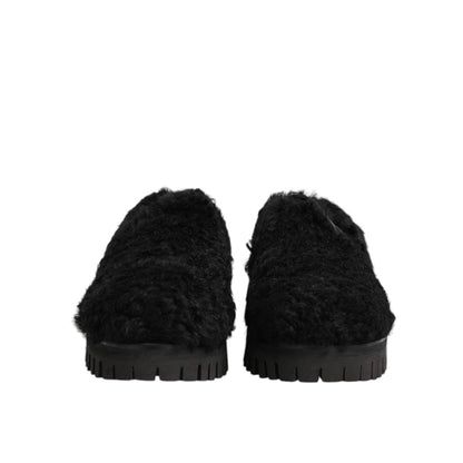 Dolce & Gabbana Dress Black Fur Leather Slippers Men Shoes