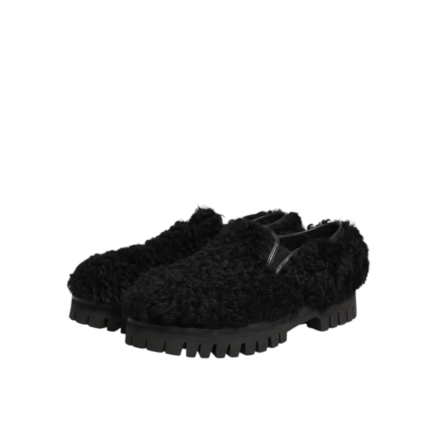 Dolce & Gabbana Dress Black Fur Leather Slippers Men Shoes
