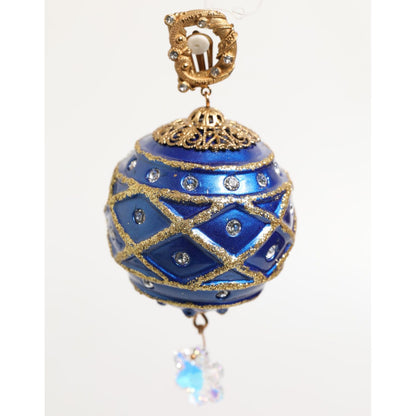 Dolce & Gabbana Gold Brass Blue Christmas Ball Crystal Drop Clip On Earrings