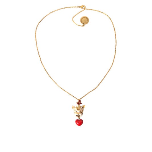 Dolce & Gabbana Gold Brass Chain Dog Heart Pendant Charm Necklace with red crystal embellishments, 40cm, made in Italy.