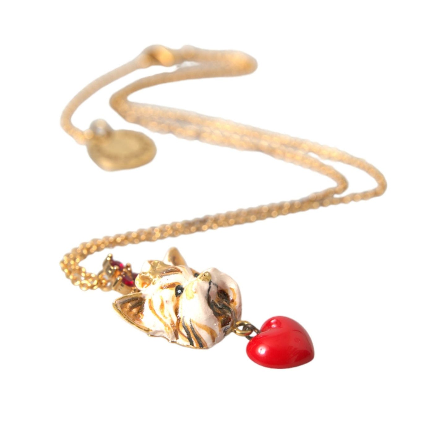 Dolce & Gabbana Gold Brass Chain Dog Heart Pendant Charm Necklace with red crystal heart, made in Italy, featuring lobster closure.