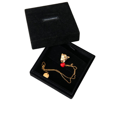 Dolce & Gabbana Gold Brass Chain Dog Heart Pendant Charm Necklace in black box with red crystal accents.