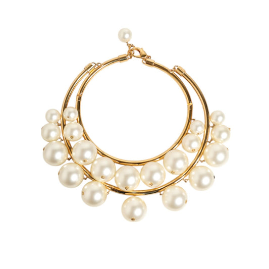 Dolce & Gabbana Gold Brass Faux Pearl Crystal Statement Luxury Jewelry Necklace with layered design.