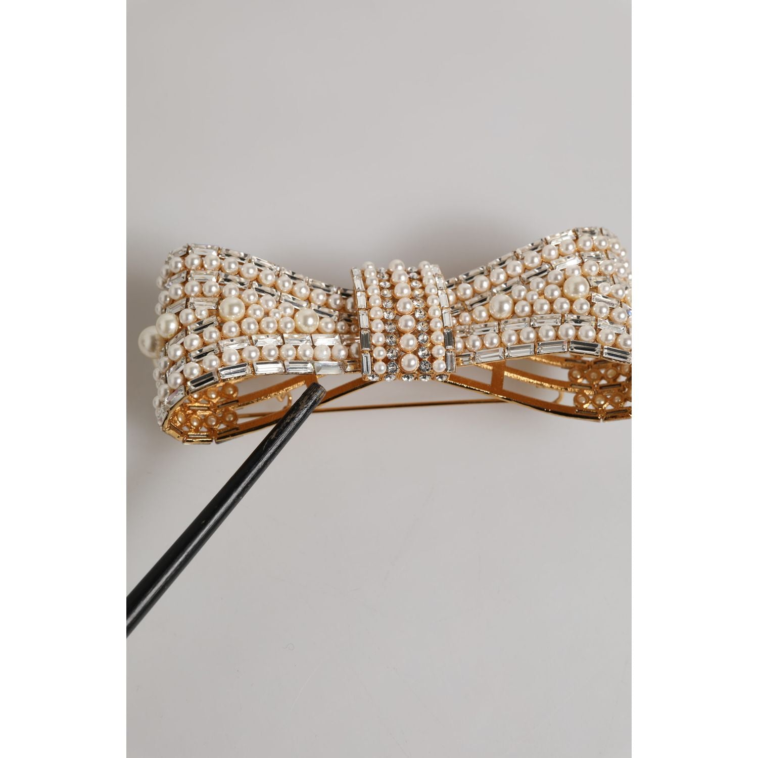 Dolce & Gabbana Gold Tone Brass Bow Crystal FauxPearl Embellished Brooch