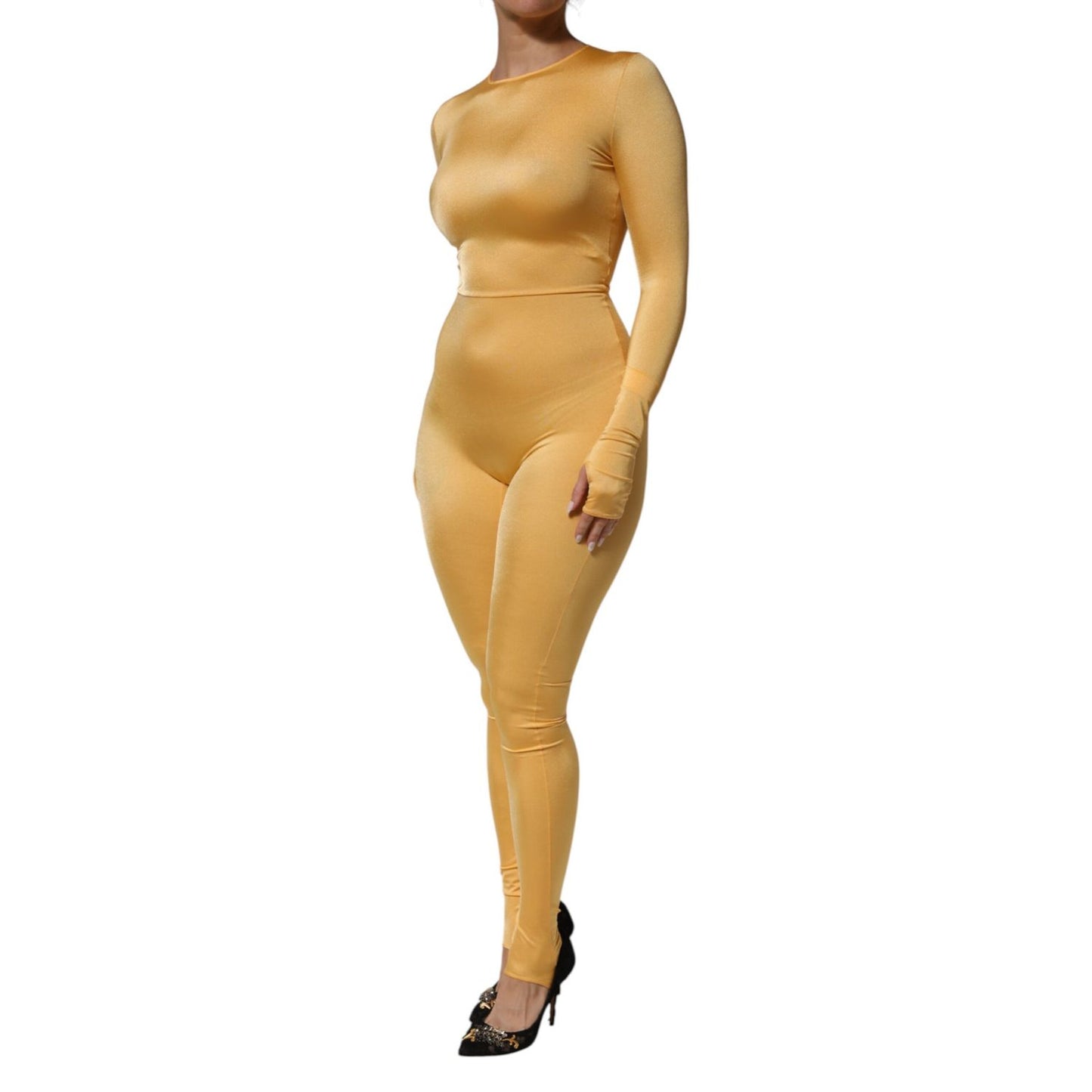 Dolce & Gabbana Gold Yellow Stretch Long Sleeve Bodysuit Dress