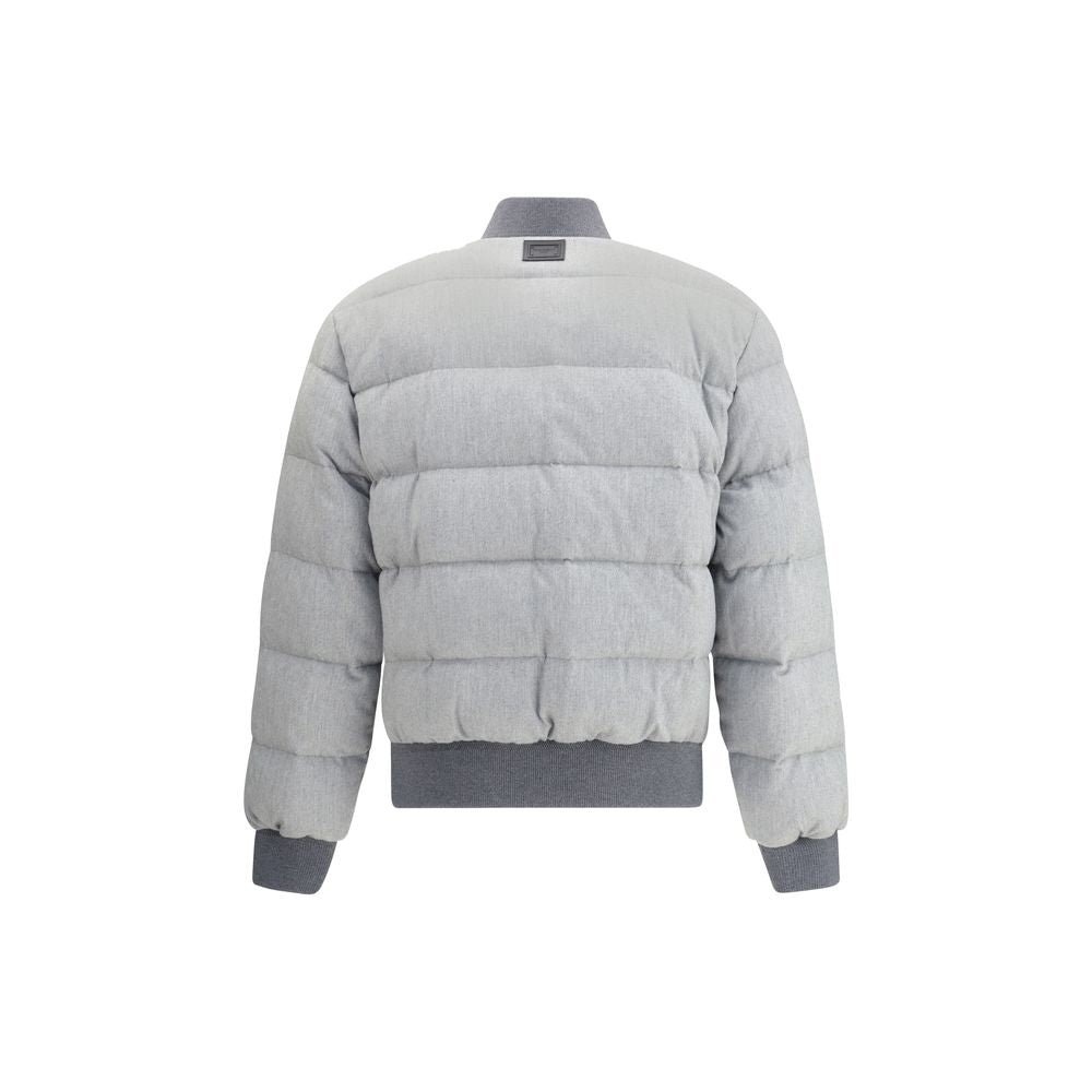 Dolce & Gabbana Gray Cotton Bomber reversible down jacket back view with ribbed hem and cuffs.
