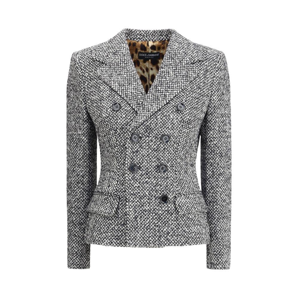 Dolce & Gabbana Gray Fleece Wool Blazer with tweed fabric and leopard print interior for AW25 season