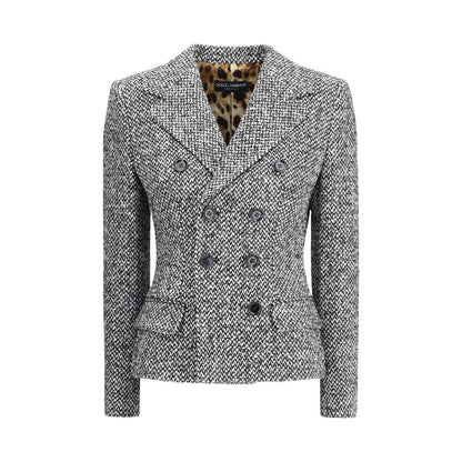 Dolce & Gabbana Gray Fleece Wool Blazer with tweed fabric and leopard print interior for AW25 season