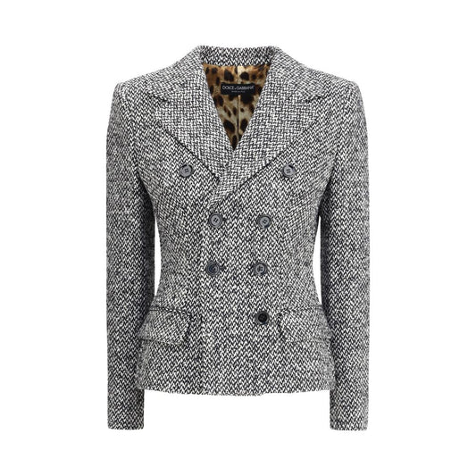 Dolce & Gabbana Gray Fleece Wool Blazer with tweed fabric and leopard print interior for AW25 season