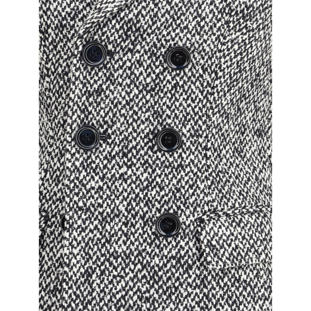 Close-up of Dolce & Gabbana Gray Fleece Wool Blazer showing double-breasted buttons and tweed texture.
