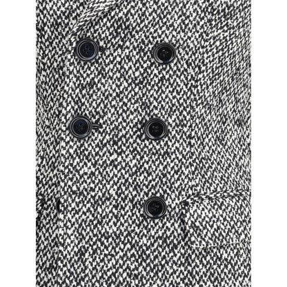 Close-up of Dolce & Gabbana Gray Fleece Wool Blazer showing double-breasted buttons and tweed texture.