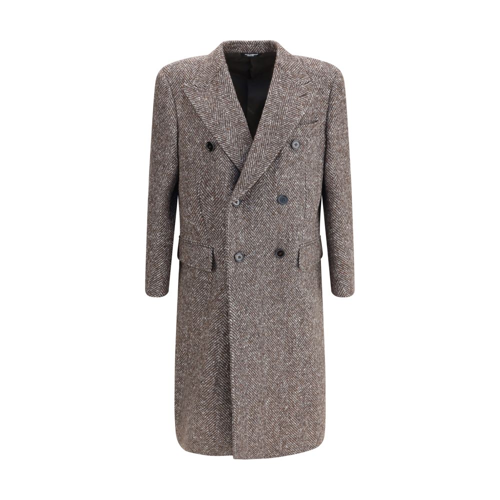 Dolce & Gabbana Gray Fleece Wool Coat, double-breasted with herringbone pattern, wide lapel, button closure, AW25 season.
