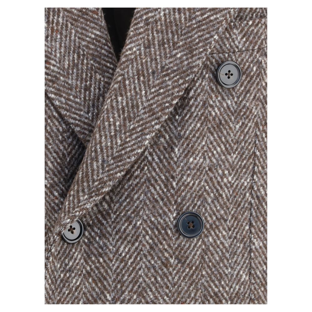 Close-up of Dolce & Gabbana Gray Fleece Wool Coat showing double-breasted herringbone pattern and button details.