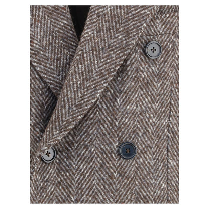 Close-up of Dolce & Gabbana Gray Fleece Wool Coat showing double-breasted herringbone pattern and button details.