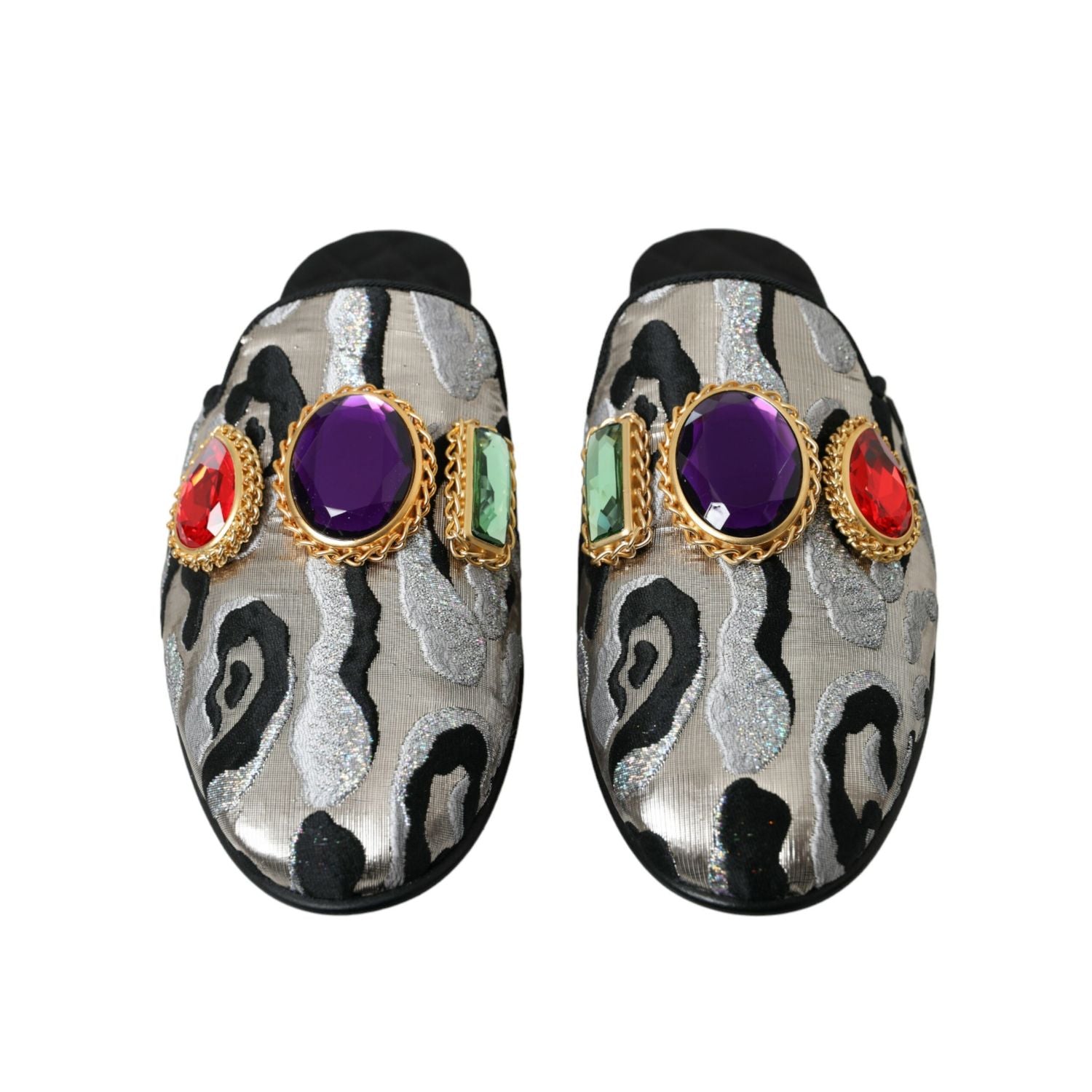 Dolce & Gabbana Gray Jacquard Crystal Mule Flat Sandals Shoes