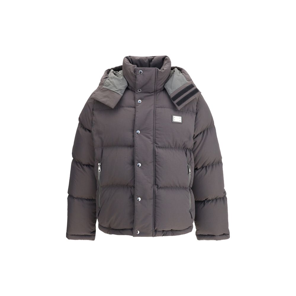 Dolce & Gabbana Gray Padded Down Jacket Polyester Coat with high collar, zipper, and snap closure, featuring removable hood and logo plaque.