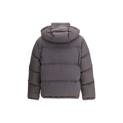 Dolce & Gabbana Gray Padded Down Jacket Polyester Coat with removable hood and zipper closures, shown from the back.