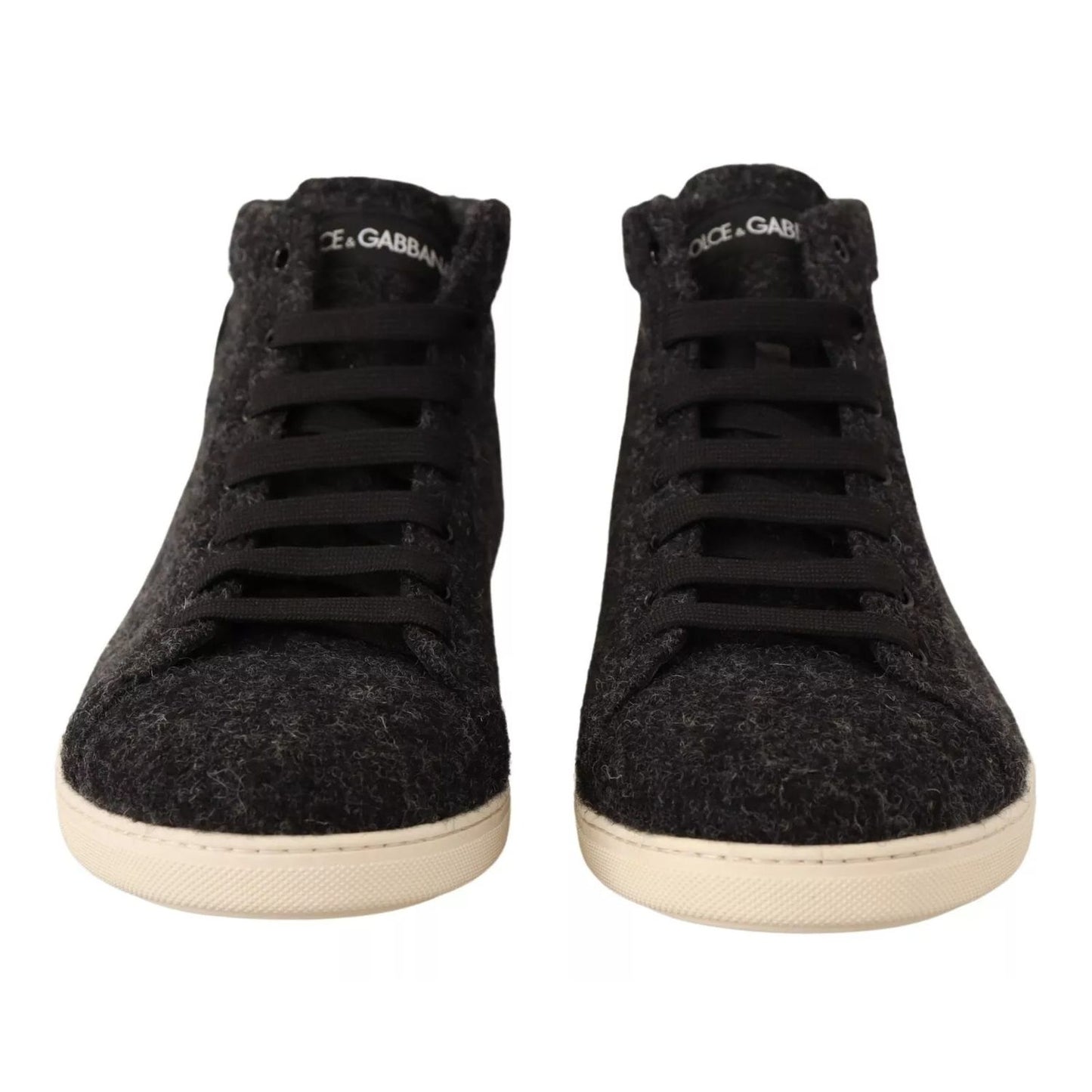 Dolce & Gabbana Gray Wool Cotton Casual High Top Sneakers with rubber sole and logo detail, made in Italy, front view.