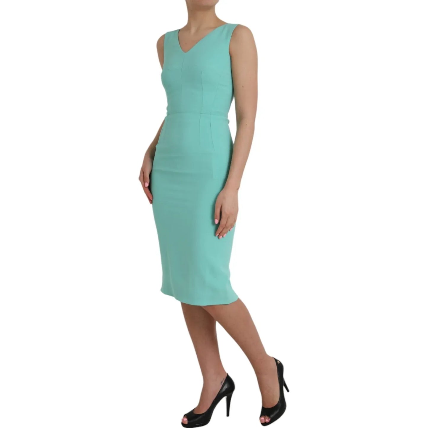 Dolce & Gabbana Green Viscose Sleeveless Sheath Midi Dress for elegant day or evening wear.