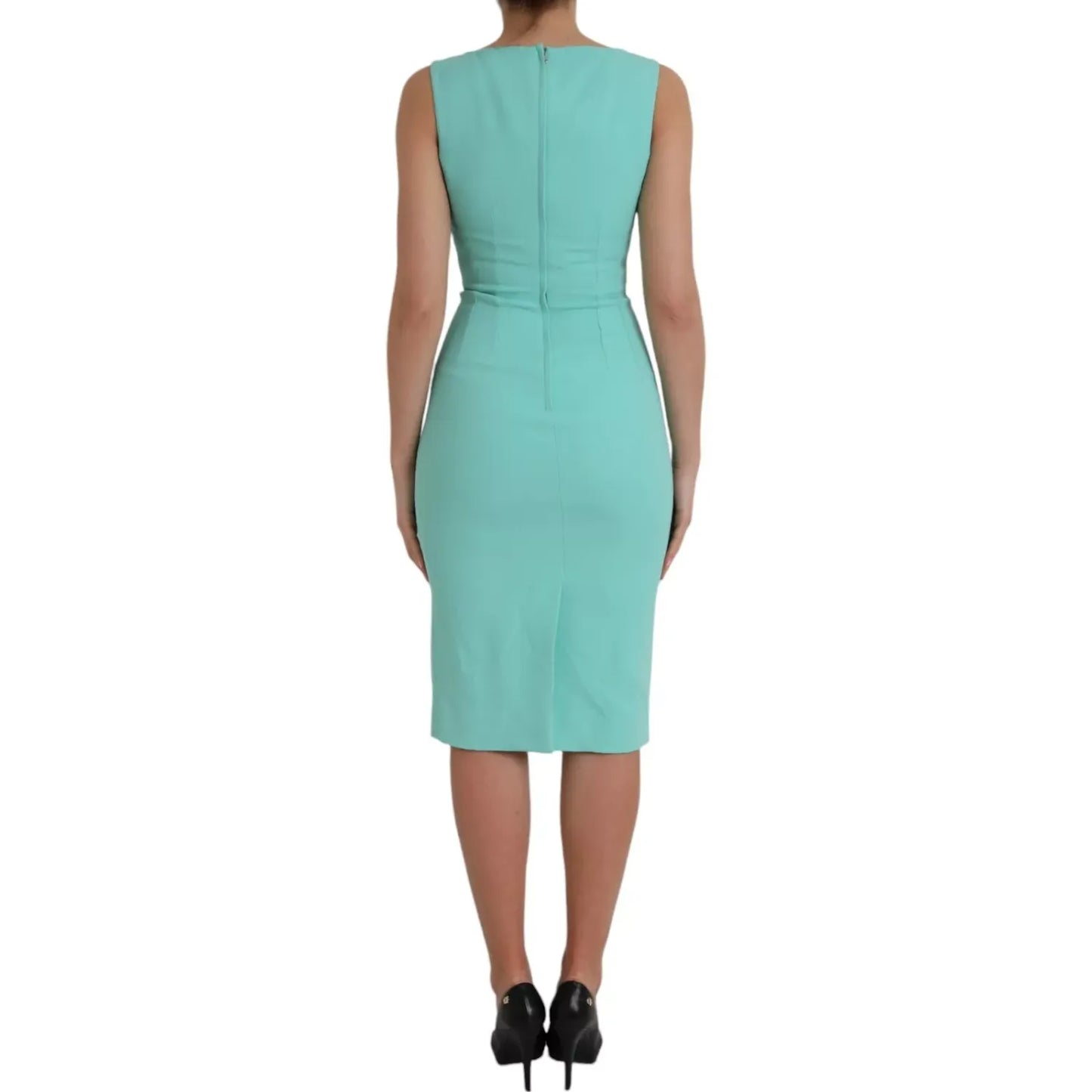 Dolce & Gabbana Green Viscose Sleeveless Sheath Midi Dress rear view on model.