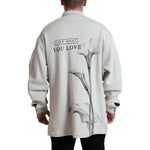 Back view of Dolce & Gabbana Grey Cotton Button Down Collared Coat Jacket with floral print and "Live What You Love" text.
