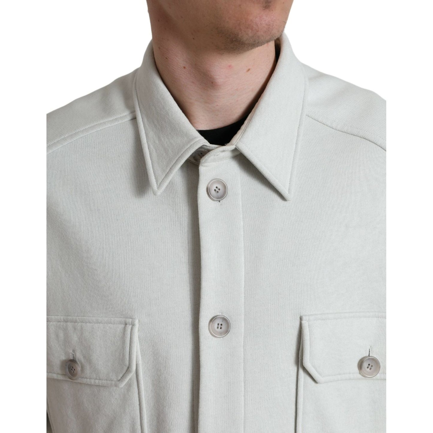 Dolce & Gabbana Grey Cotton Button Down Collared Coat Jacket with floral print on back, close-up view of front details.