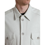 Dolce & Gabbana Grey Cotton Button Down Collared Coat Jacket with floral print on back, close-up view of front details.