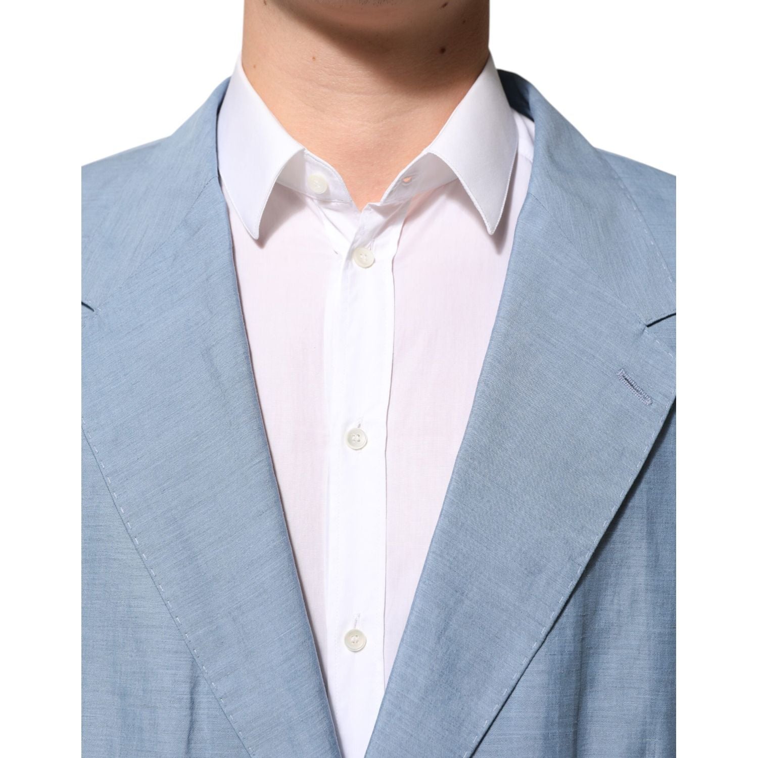 Dolce & Gabbana Light Blue Linen Double Breasted Men Jacket Blazer