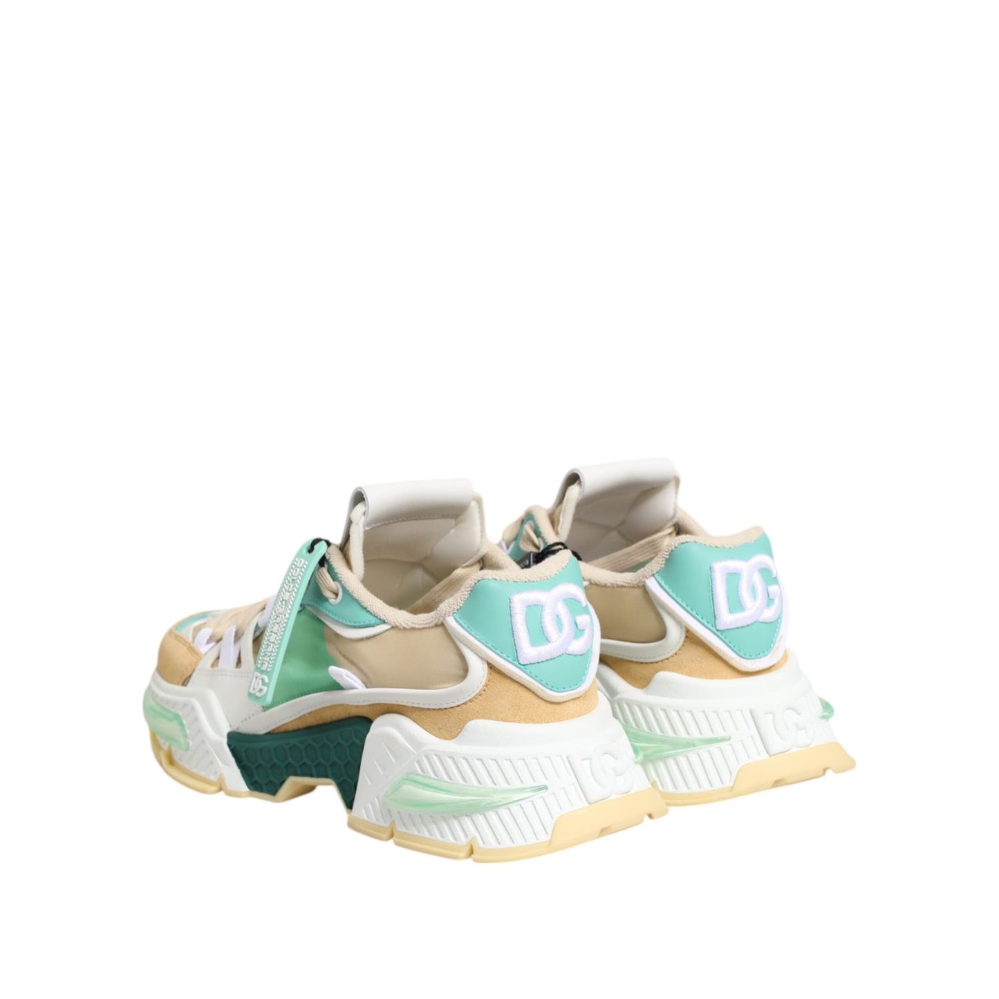 Dolce & Gabbana Multicolor Leather Airmaster Low Top Sneakers Shoes with DG logo heel, dynamic sole in grey, black, pink tones.