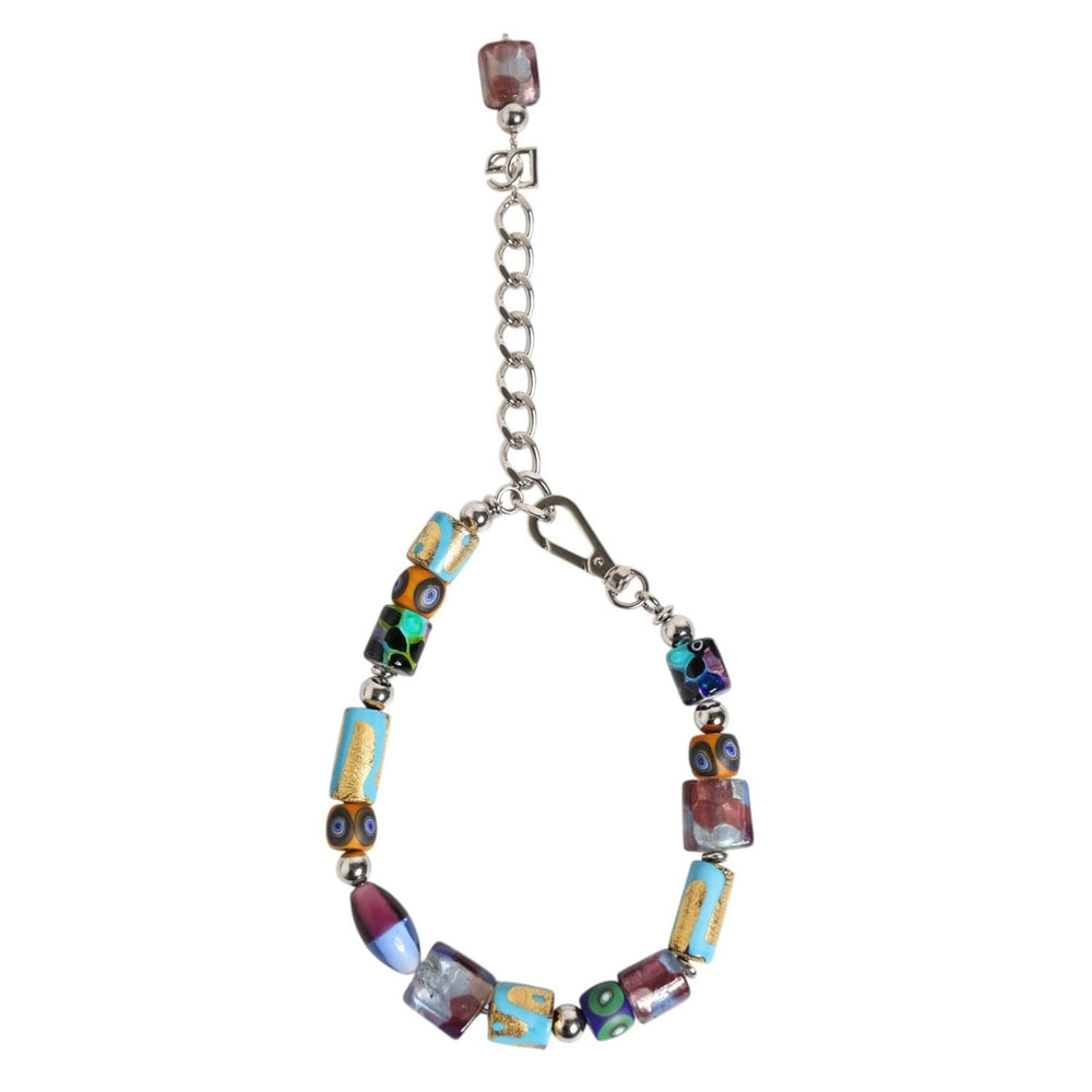 Dolce & Gabbana Multicolor Murano Glass Beads Brass Zamak Necklace with silver-tone chain and clasp.
