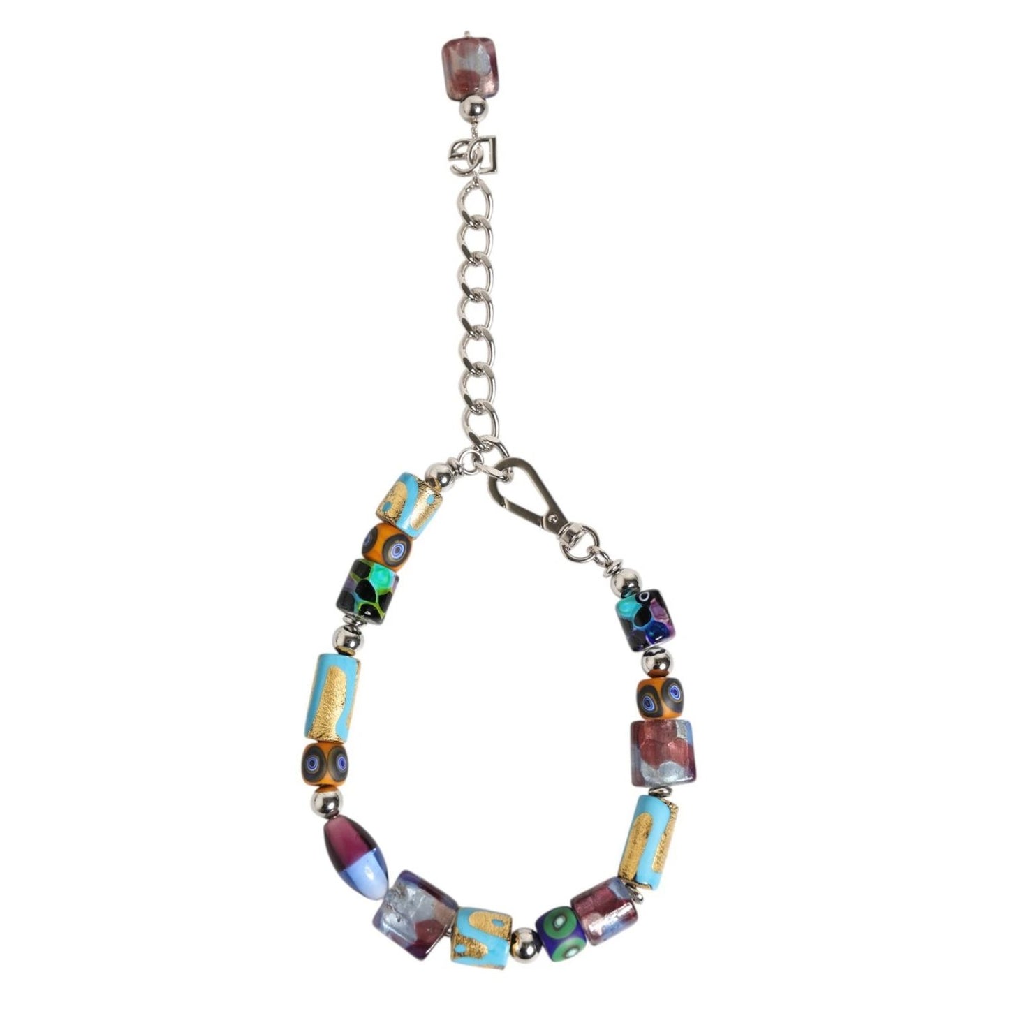 Dolce & Gabbana Multicolor Murano Glass Beads Brass Zamak Necklace with silver-tone chain and clasp.