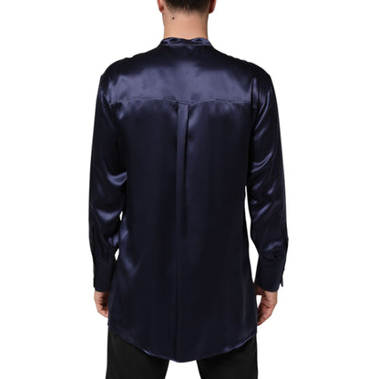 Dolce & Gabbana Navy Silk Long Sleeve Mandarin Collar Shirt