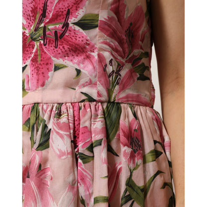 Dolce & Gabbana Pink Floral Lily Print Midi Sleeveless Dress