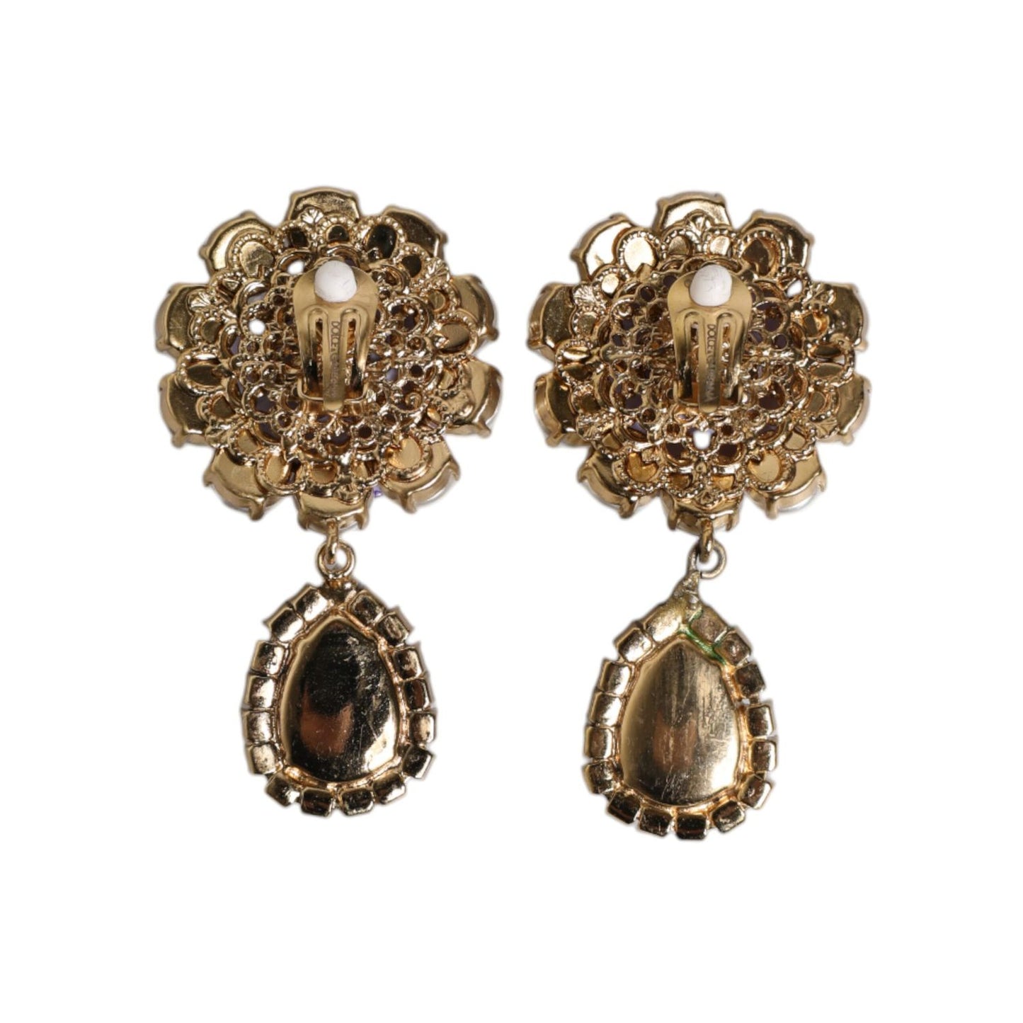 Dolce & Gabbana Purple Flower Pearl Teardrop Crystals Clip On Earrings