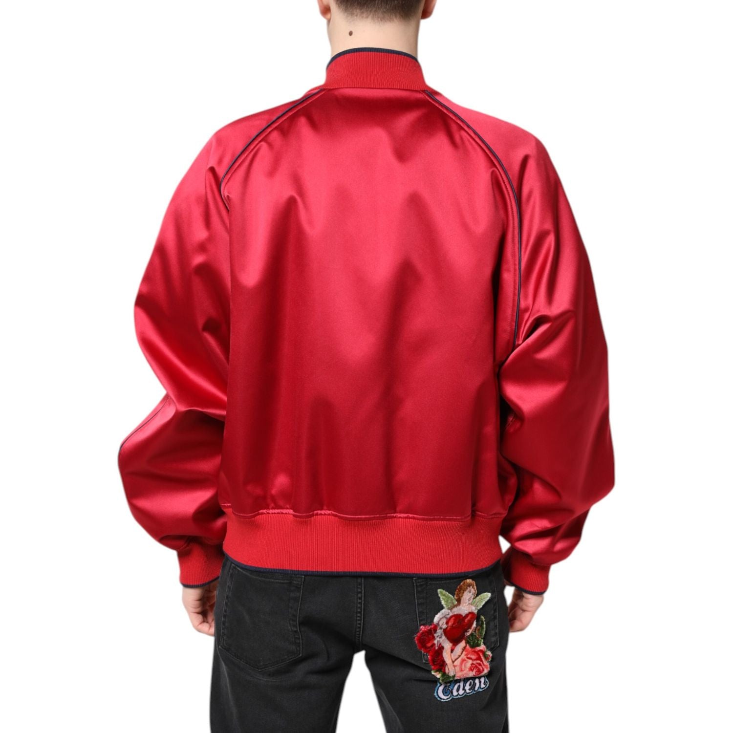 Dolce & Gabbana Red Floral Patch Full Zip Men Bomber Jacket