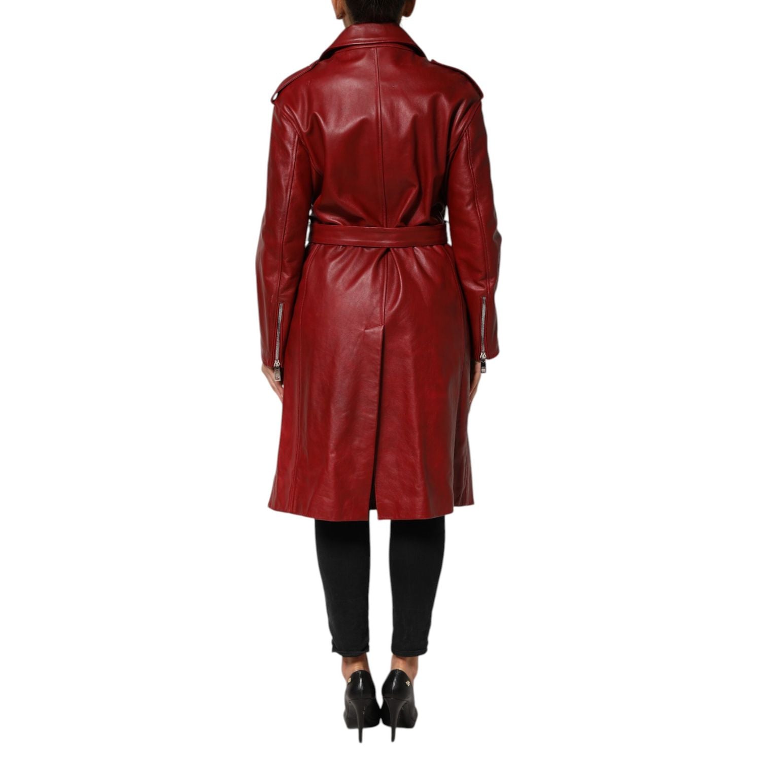 Dolce & Gabbana Red Leather Belted Full Zip Trench Coat Jacket