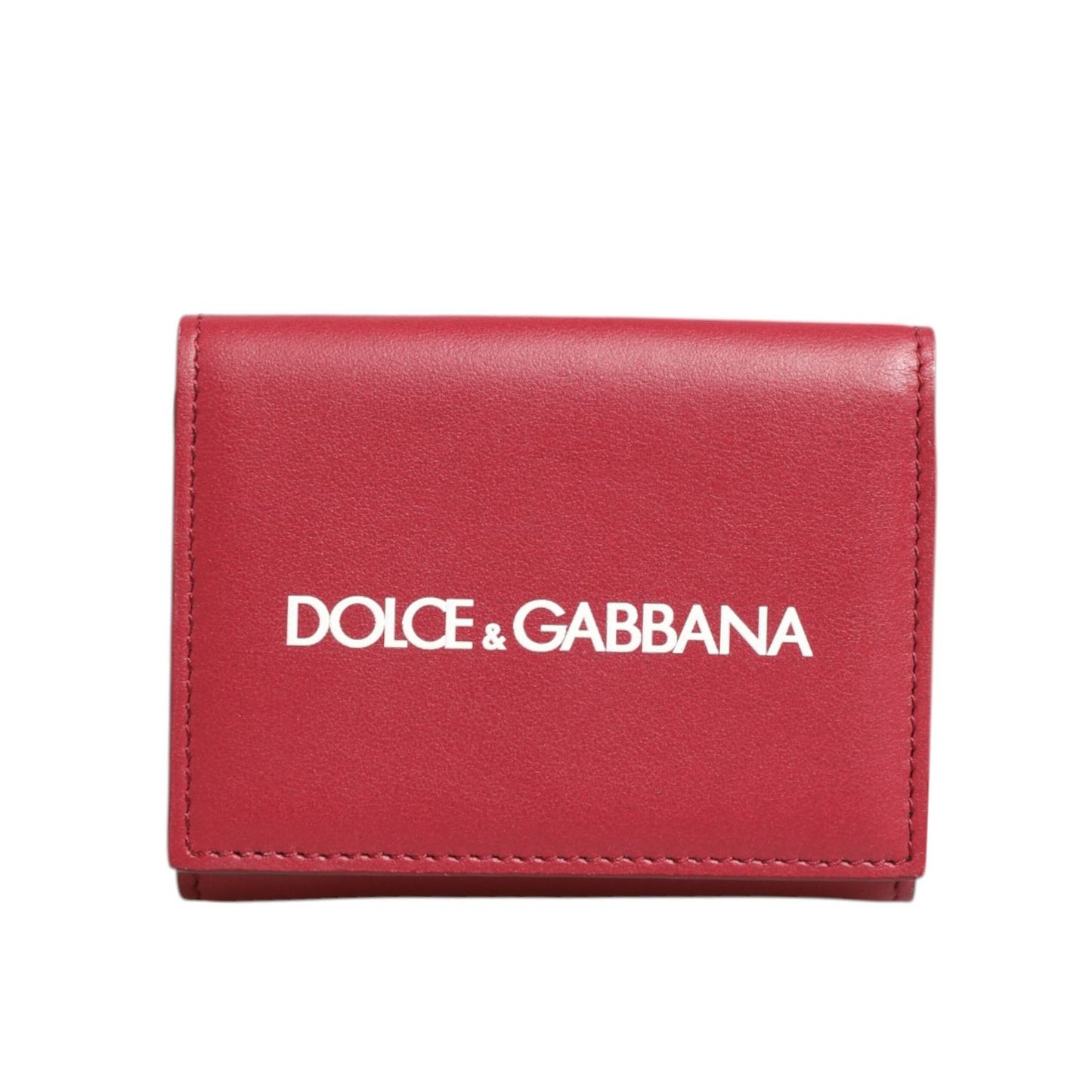 Dolce & Gabbana Red Leather Bold Logo Print Trifold Card Holder Wallet with white branding on front