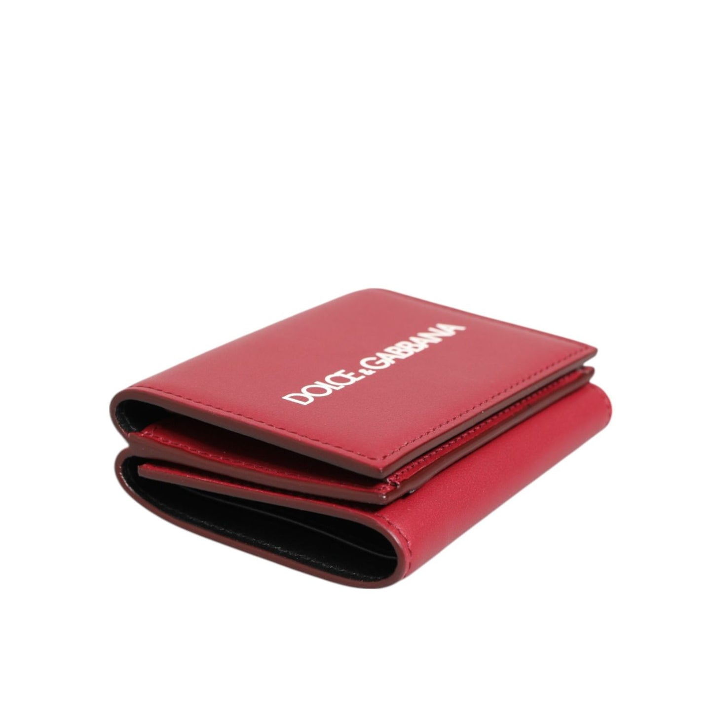 Dolce & Gabbana Red Leather Bold Logo Print Trifold Card Holder Wallet in vivid red with white logo, minimalist design, made in Italy.