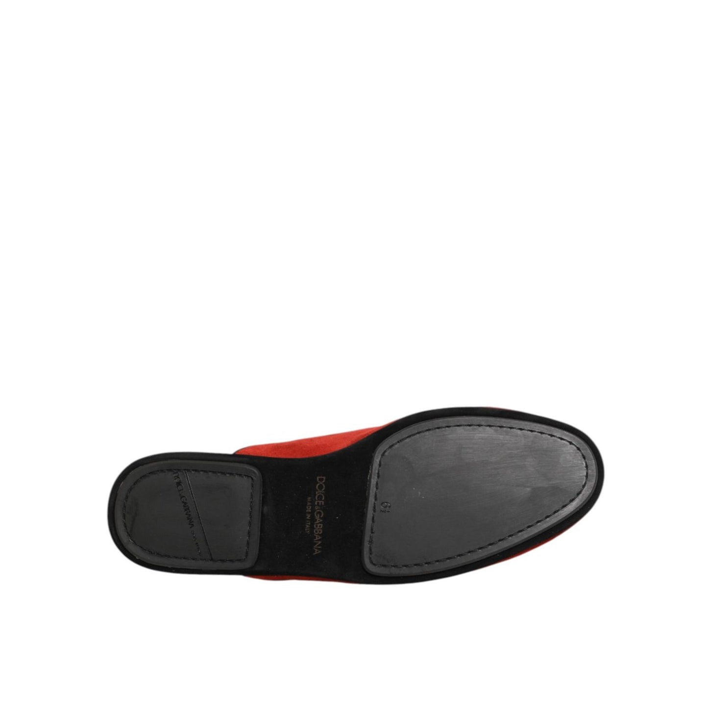 Dolce & Gabbana Red Suede DG King Men House Slippers Shoes showing black leather sole, luxurious Italian craftsmanship, and slip-on design.