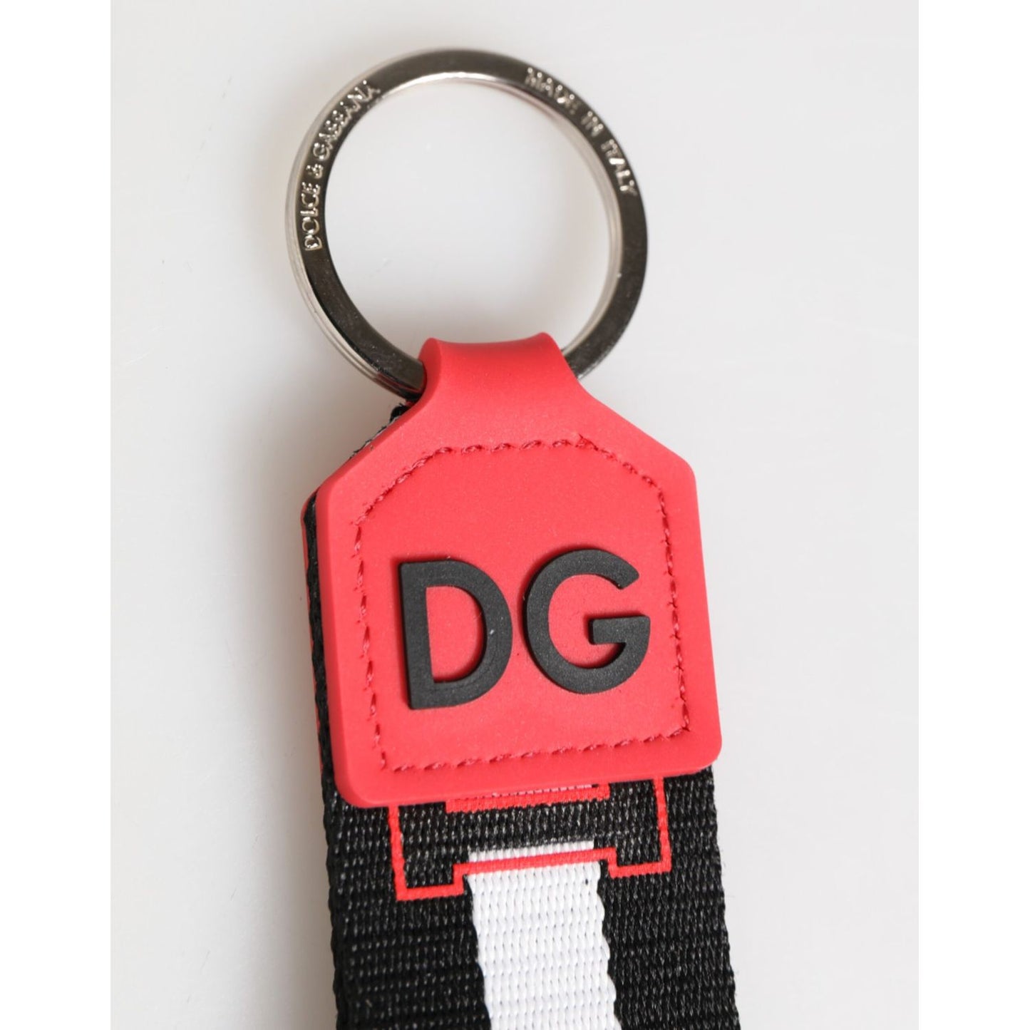 Dolce & Gabbana Red White DG Logo Polyester Brass Holder Keychain Keyring