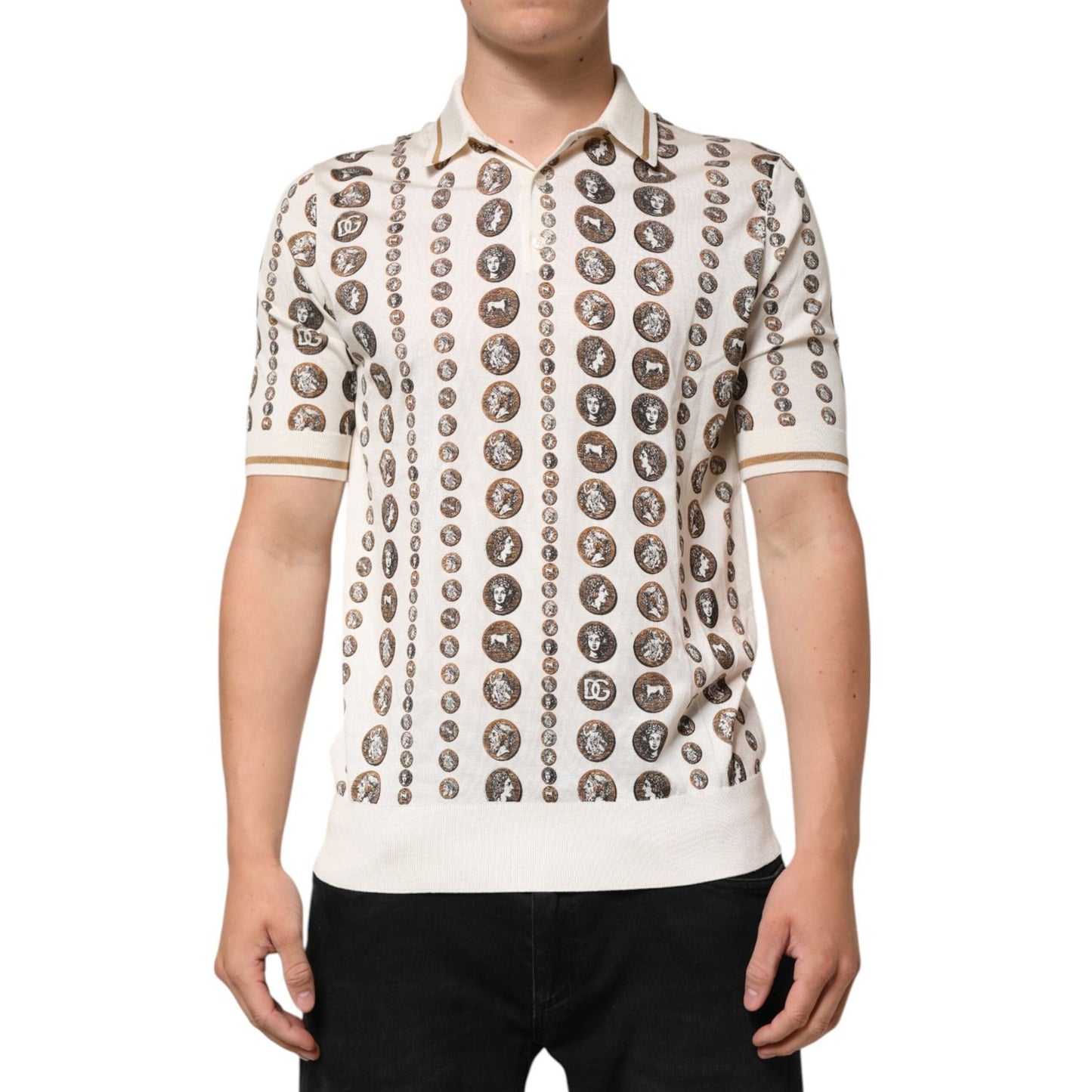 Dolce & Gabbana Silk Ivory Coin Print Logo Men Polo T-shirt