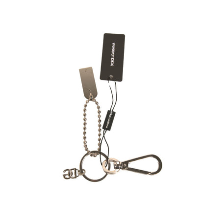 Dolce & Gabbana Silver Brass Chain Beaded Logo Plaque Keychain Keyring