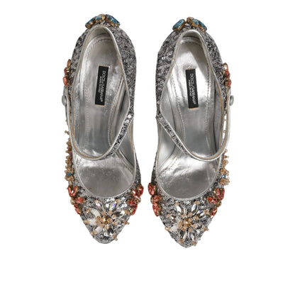 Dolce & Gabbana Silver Sequin Crystal Mary Janes Pumps Shoes