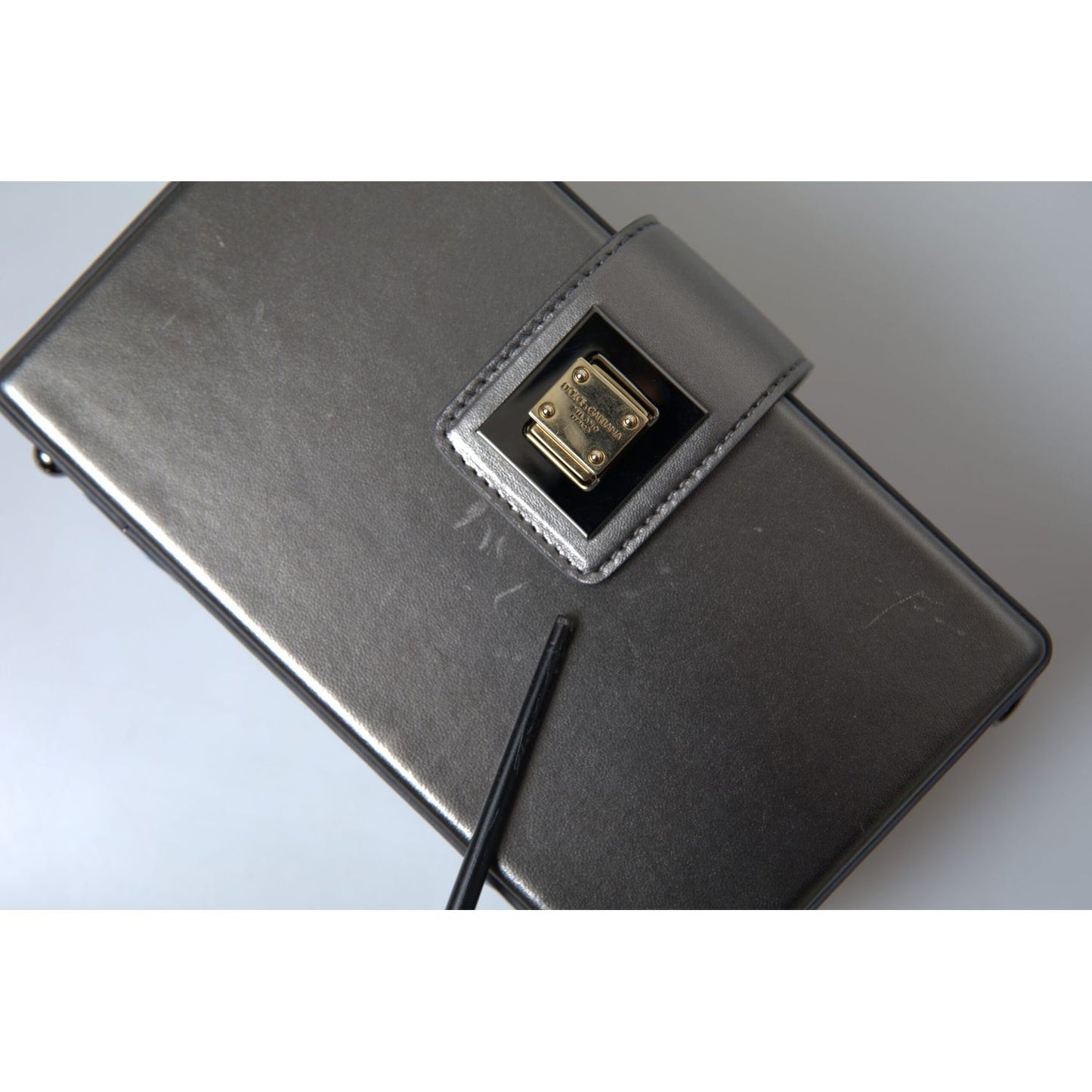 Dolce & Gabbana Steel Gray Leather Box Shape Shoulder Gold DG Logo Plaque Bag