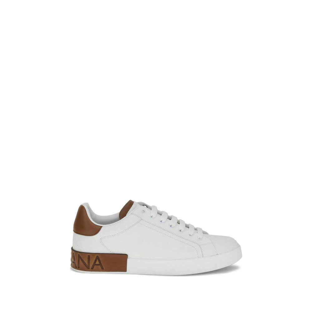 Dolce & Gabbana White Calf Leather Bos Taurus Low Top Sneakers with brown logo stripe and heel detail, round toe, lace-up style