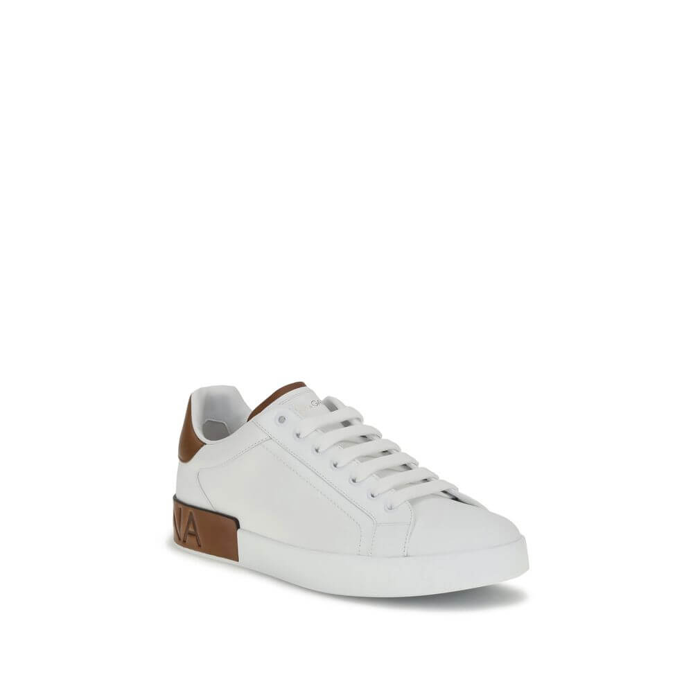 Dolce & Gabbana White Calf Leather Bos Taurus Low Top Sneakers with logo stripe on heel