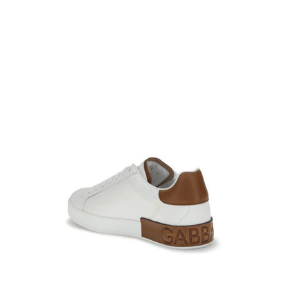 Dolce & Gabbana White Calf Leather Bos Taurus Low Top Sneakers with brown heel detail and logo stripe, side view.