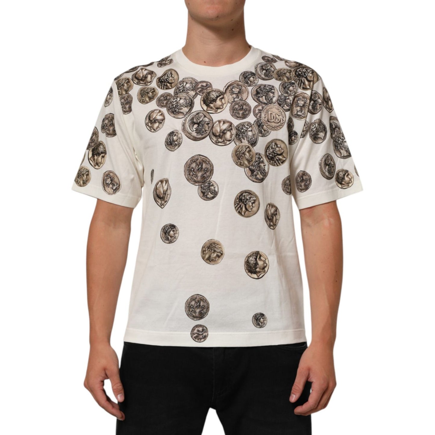Dolce & Gabbana White Coin Print Cotton Crew Neck Men T-shirt